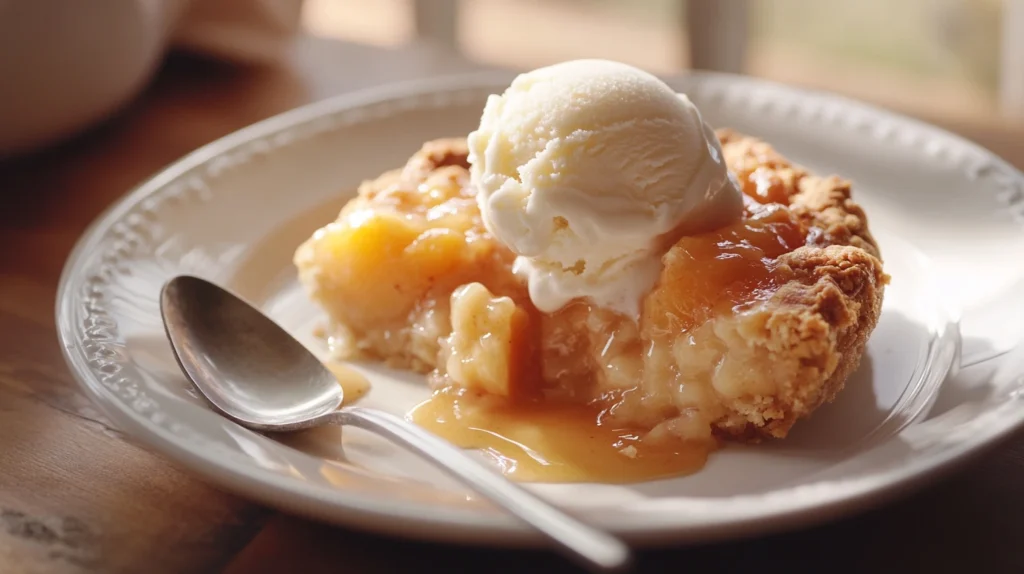 A serving of warm peach cobbler on a plate with a scoop of ice cream.