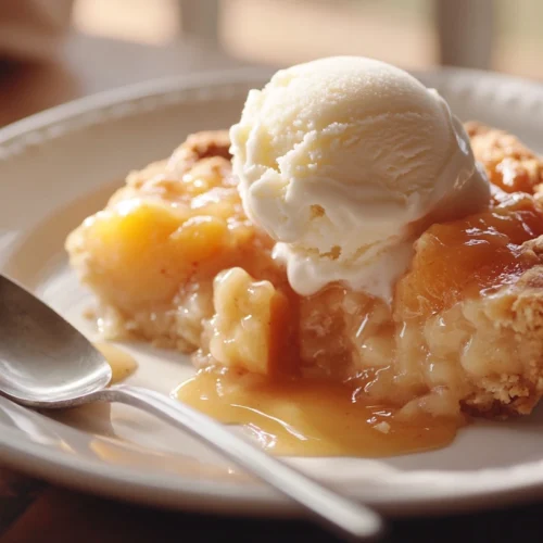 A serving of warm peach cobbler on a plate with a scoop of ice cream.