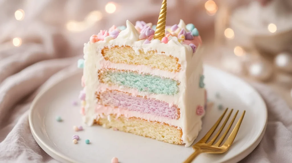 A slice of unicorn cake with colorful layers, served on a plate with a gold fork