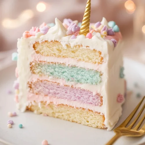 A slice of unicorn cake with colorful layers, served on a plate with a gold fork
