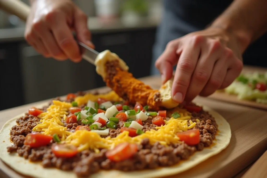 A tortilla being layered with refried beans, ground beef, and cheese for a Mexican pizza.