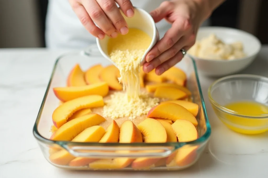 Cake mix being evenly sprinkled over a layer of peaches in a baking dish