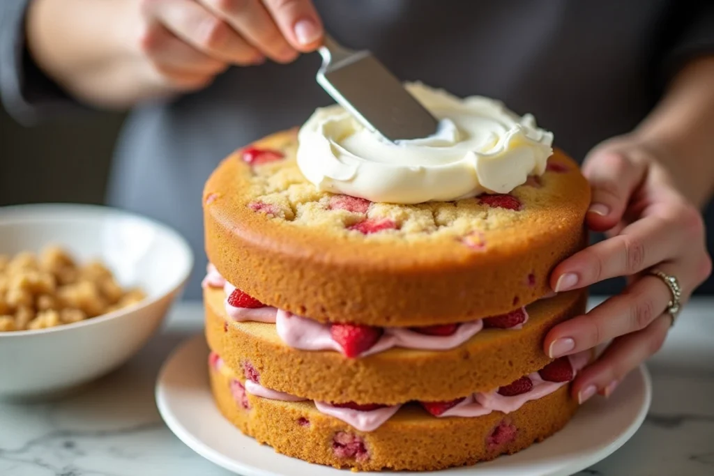 Frosting a Strawberry Crunch Cake laye