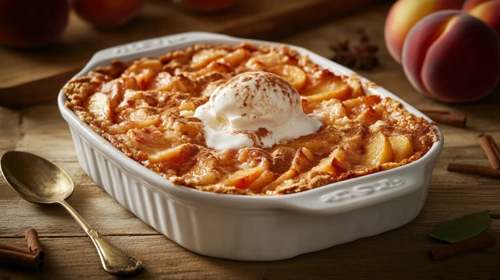 Golden peach cobbler made with cake mix, served with a scoop of vanilla ice cream.