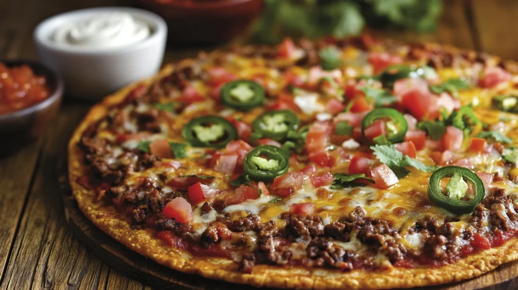 Crispy Mexican pizza with melted cheese, seasoned beef, and fresh toppings