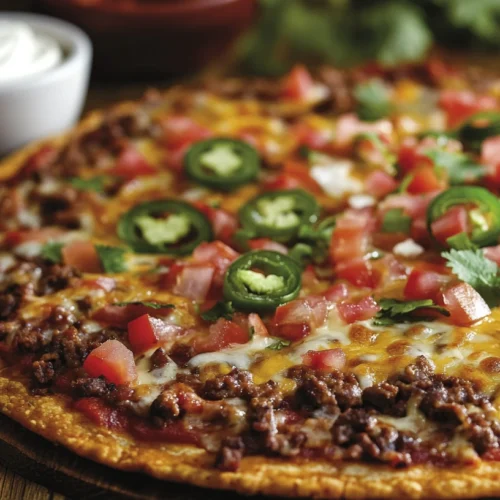 Crispy Mexican pizza with melted cheese, seasoned beef, and fresh toppings