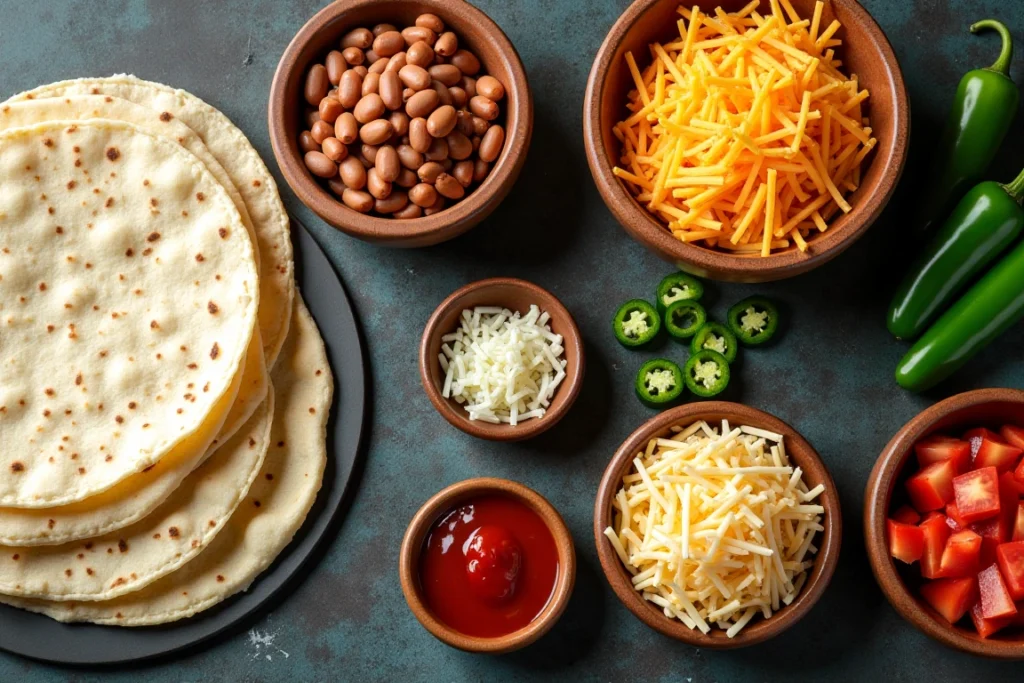 Key ingredients for making Mexican pizza, including tortillas, ground beef, cheese, and toppings.