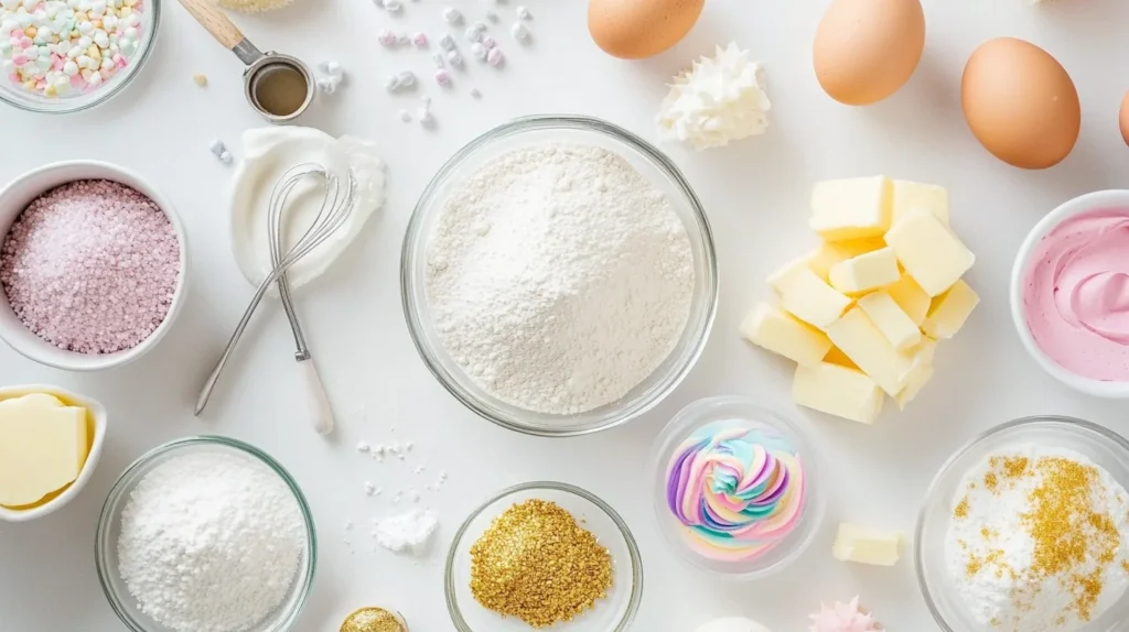 Flour, sugar, eggs, butter, food coloring, and fondant for making a unicorn cake