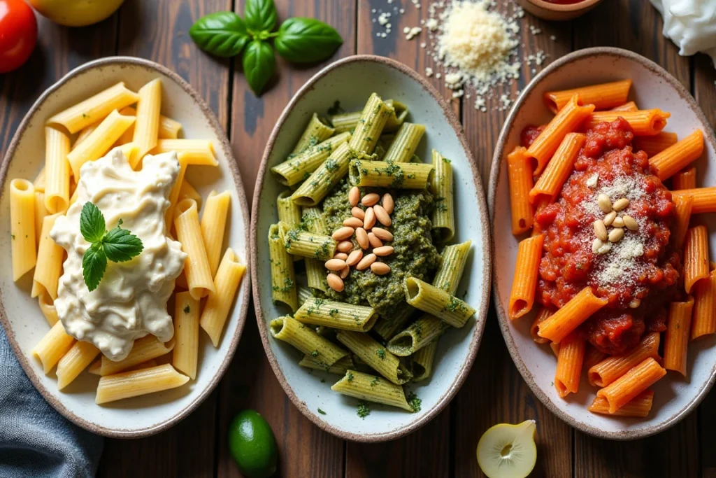 Three plates of penne pasta with different sauces: Alfredo, pesto, and marinara.