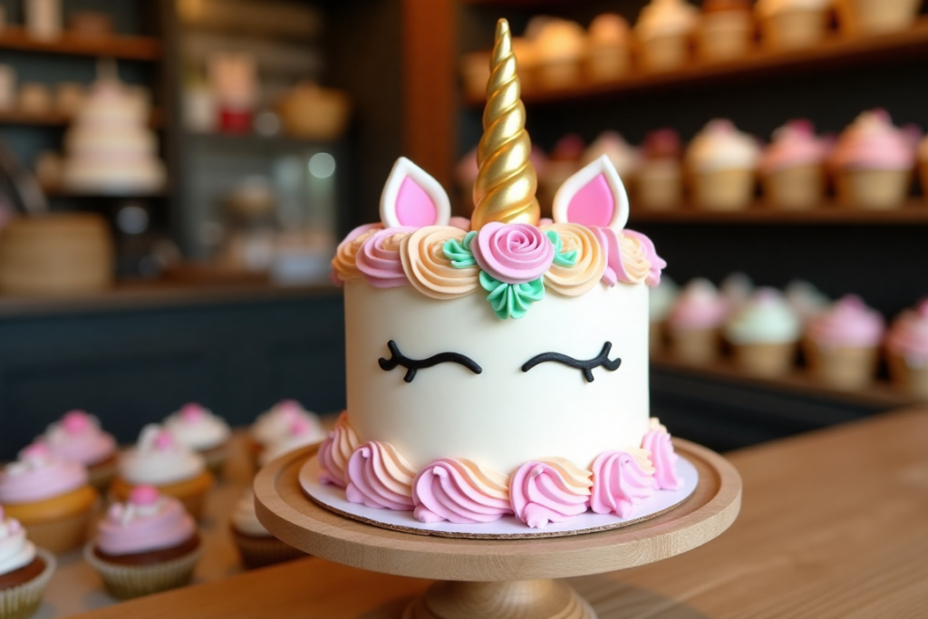 A beautifully decorated unicorn cake with colorful buttercream mane and a golden horn