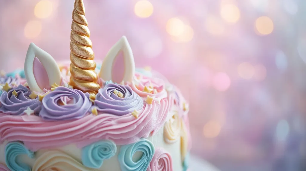 A beautifully decorated unicorn cake with pastel swirls and a golden horn