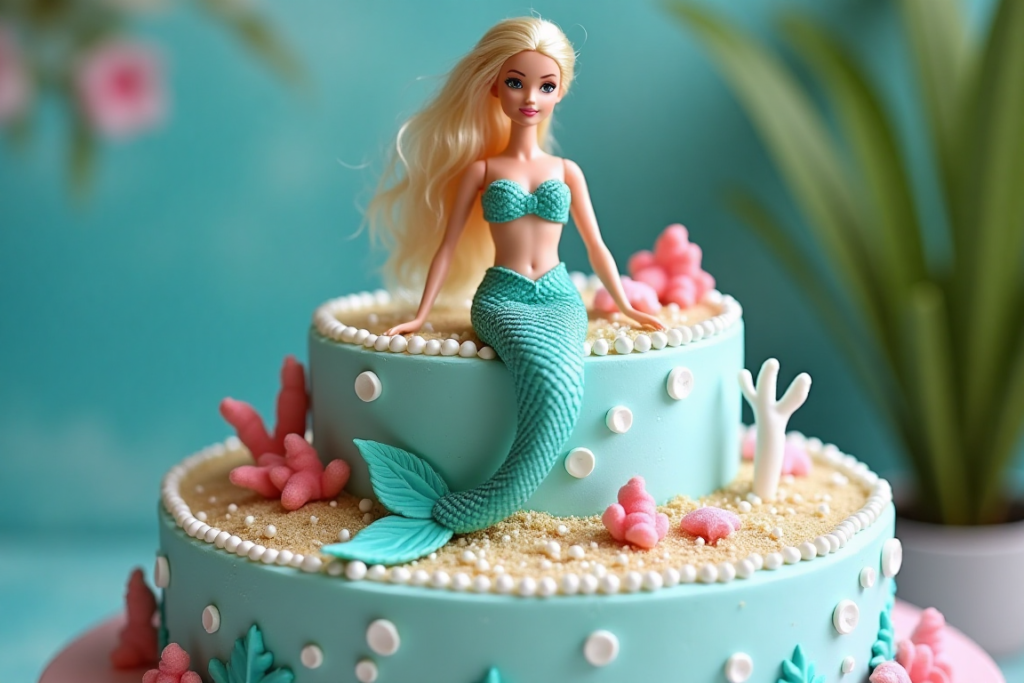 A colorful mermaid-themed Barbie cake with a doll centerpiece.