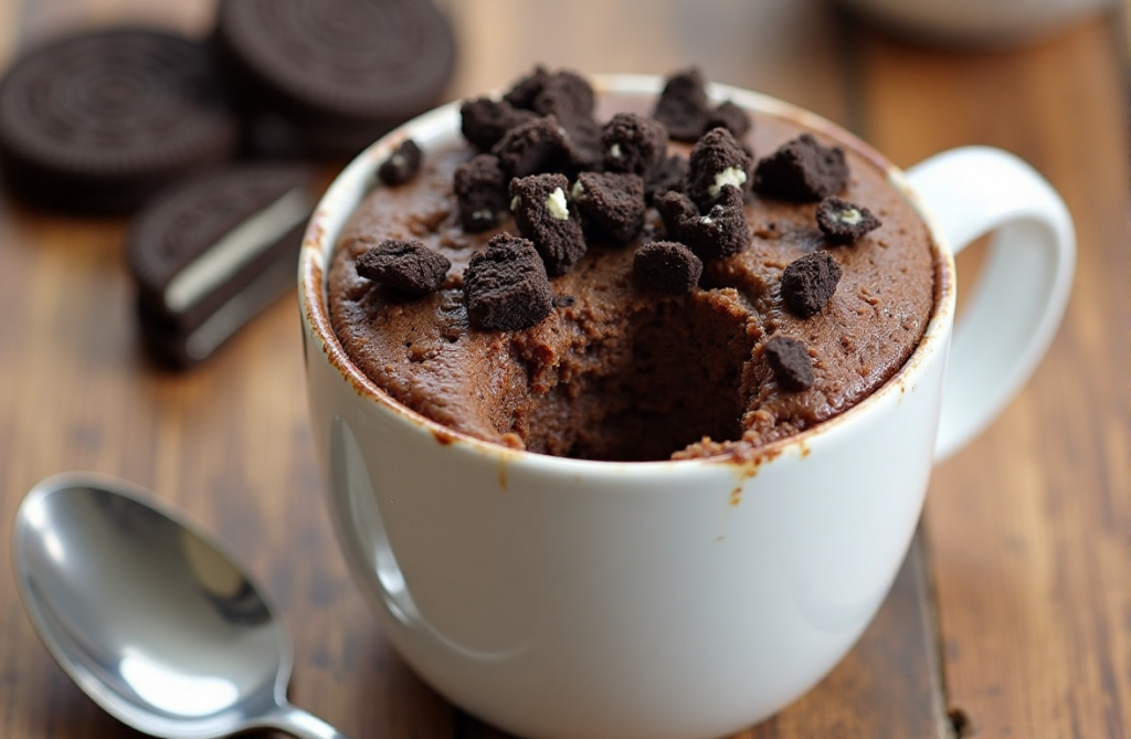 A delicious Oreo mug cake freshly cooked in a white mug.