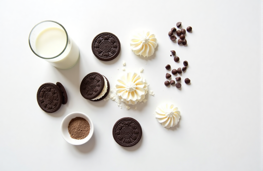  Ingredients for making an Oreo mug cake displayed neatly.