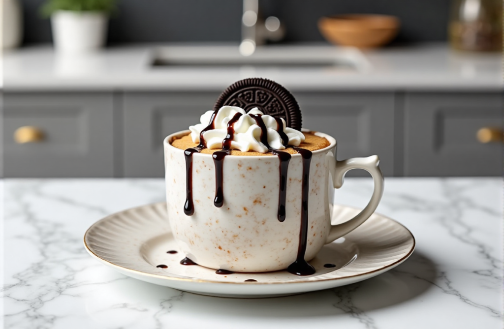 A beautifully served Oreo mug cake with whipped cream and chocolate drizzle.