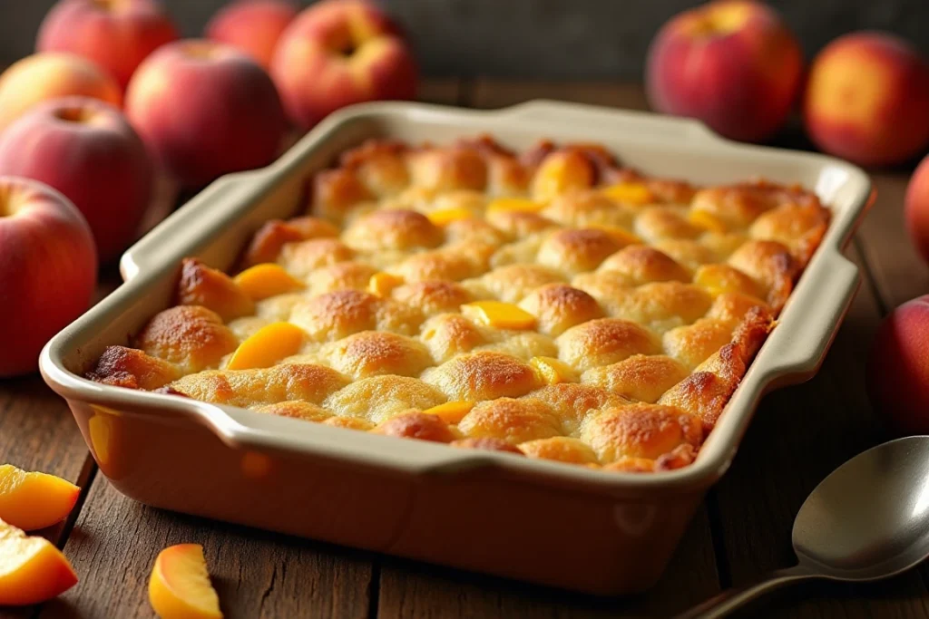 A golden-brown peach cobbler with a crumbly cake mix topping in a rustic baking dish.