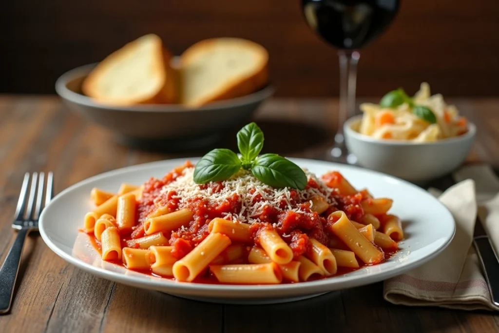 Macaroni penne served on a white plate with garlic bread and a side salad.