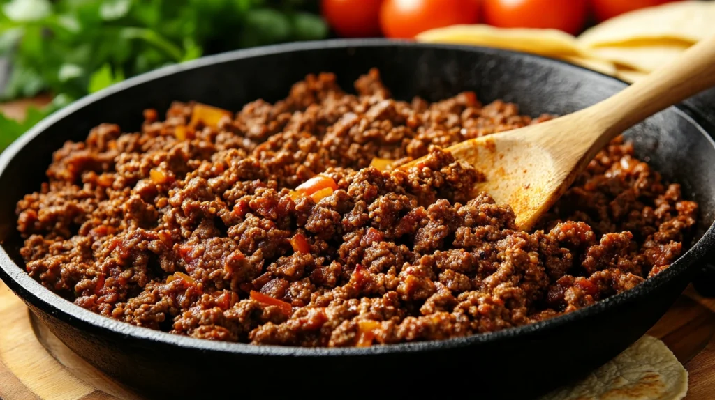 Ground beef being cooked with taco seasoning in a skillet