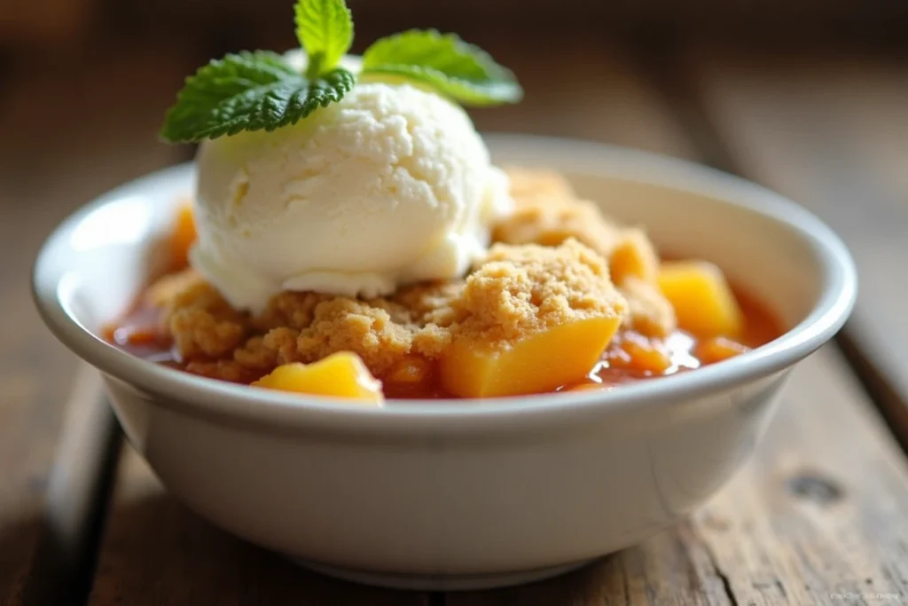 A serving of peach cobbler in a bowl topped with vanilla ice cream and a mint sprig.