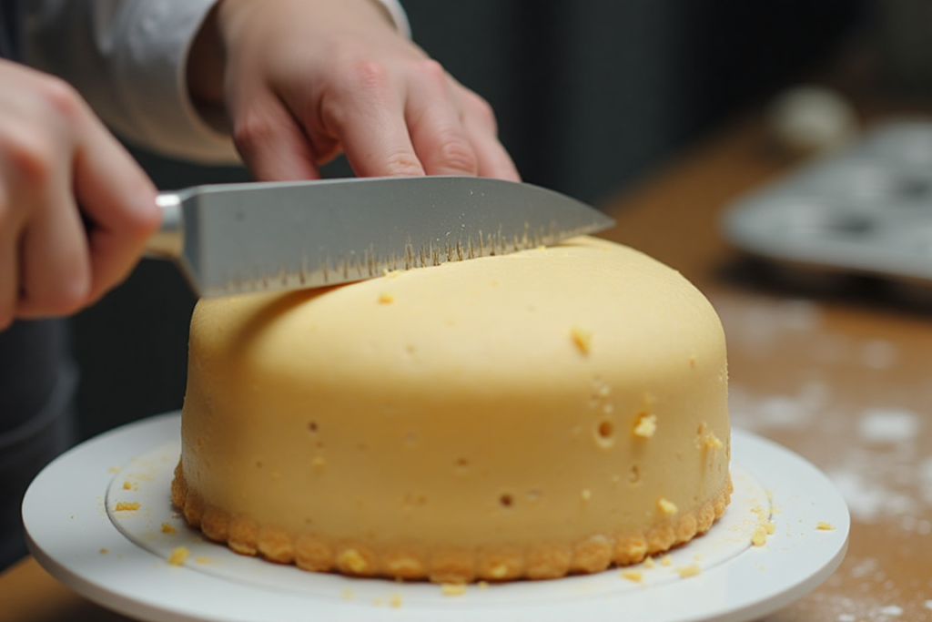 A baker carving stacked cake layers into a Barbie dress shape.