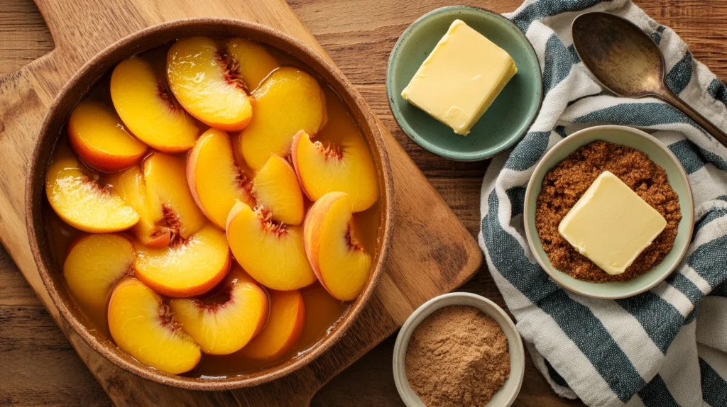 Fresh ingredients for making peach cobbler with cake mix, including canned peaches, butter, and yellow cake mix.