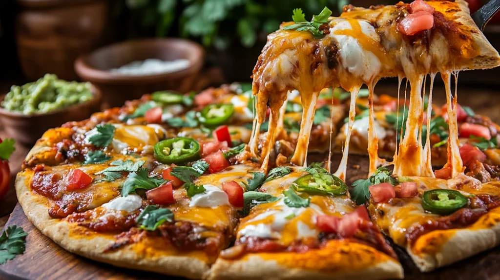 Sliced Mexican pizza with melted cheese, fresh toppings, and a drizzle of sour cream