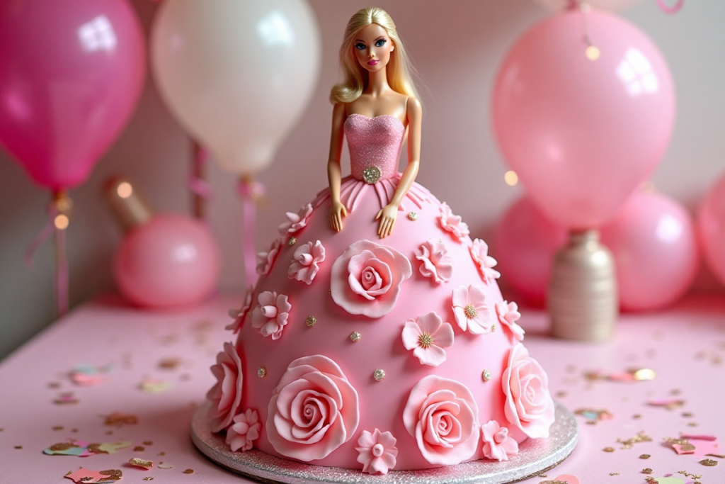 A beautifully designed Barbie cake with a pink fondant dress.