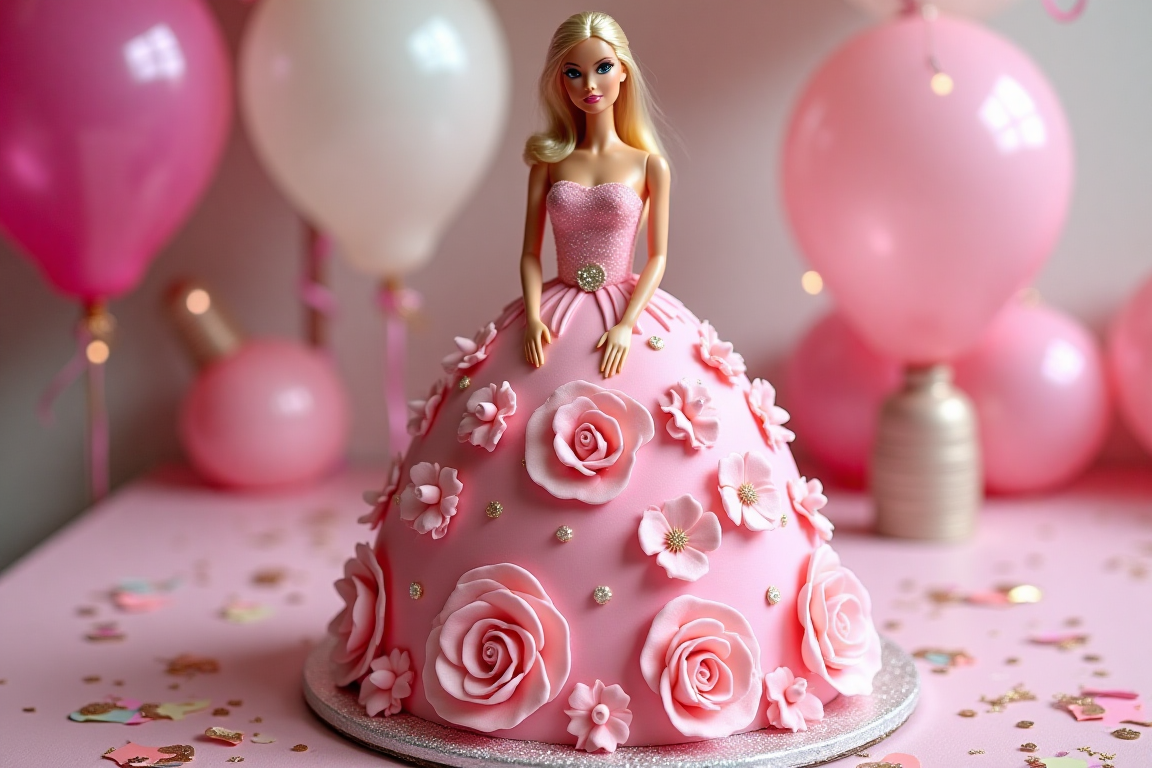 A beautifully designed Barbie cake with a pink fondant dress.