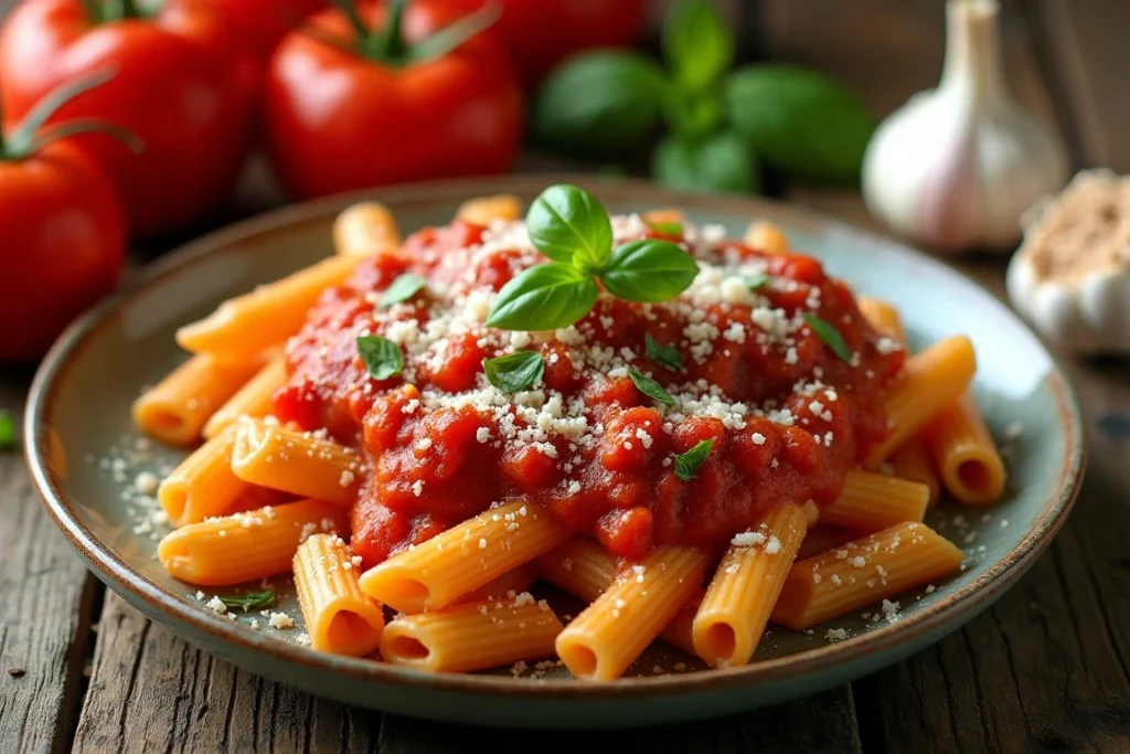 A delicious plate of macaroni penne with basil and Parmesan.