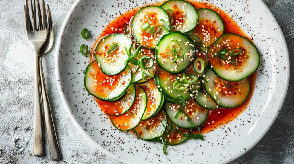 Gourmet plating of Korean cucumber salad on a modern white plate.