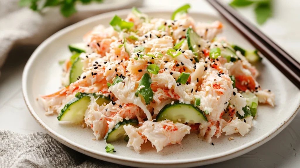 An Asian-style crab salad with sesame seeds and cucumbers.