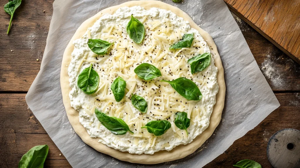 White pizza fully assembled with ricotta sauce, mozzarella, and spinach before baking.