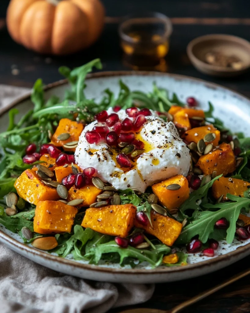 Autumn-themed burrata salad with roasted squash and pomegranate seeds