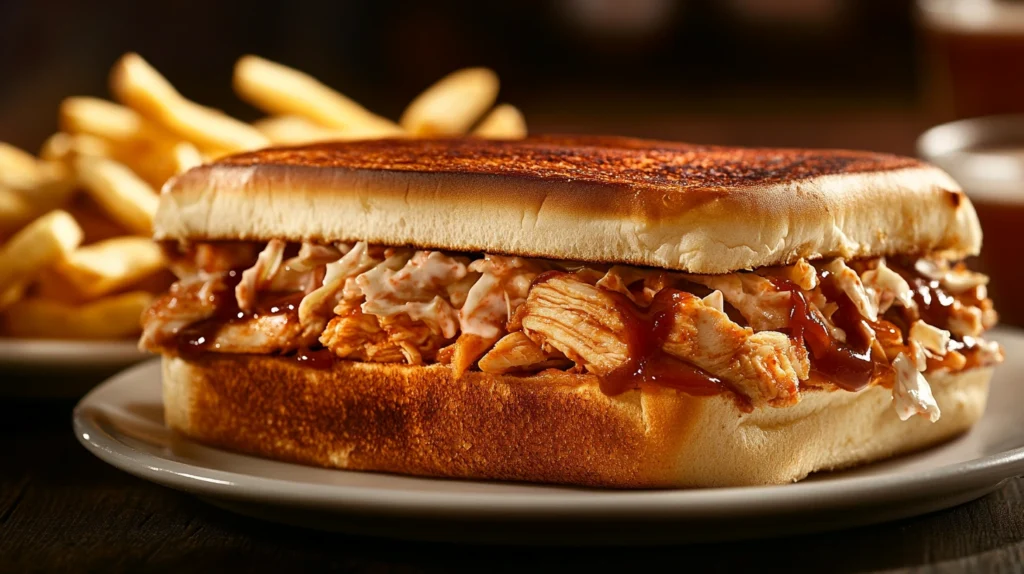 A BBQ chicken sandwich with coleslaw served on a plate