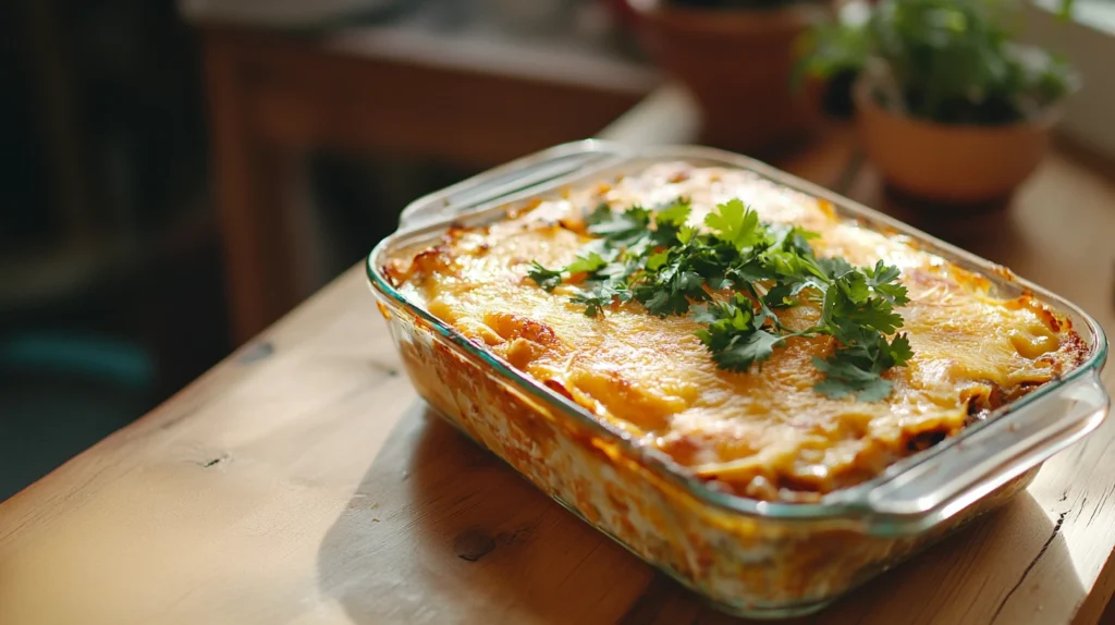 Fully baked Mexican Lasagna with golden, bubbly cheese on top