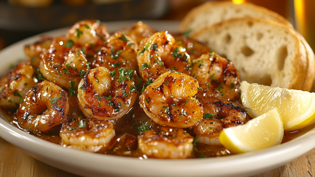 A plate of barbecue shrimp garnished with parsley and served with lemon wedges.