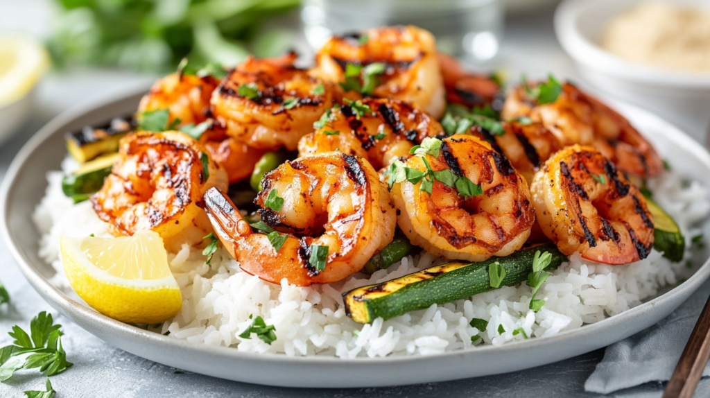 Barbecue shrimp served with rice and grilled vegetables.