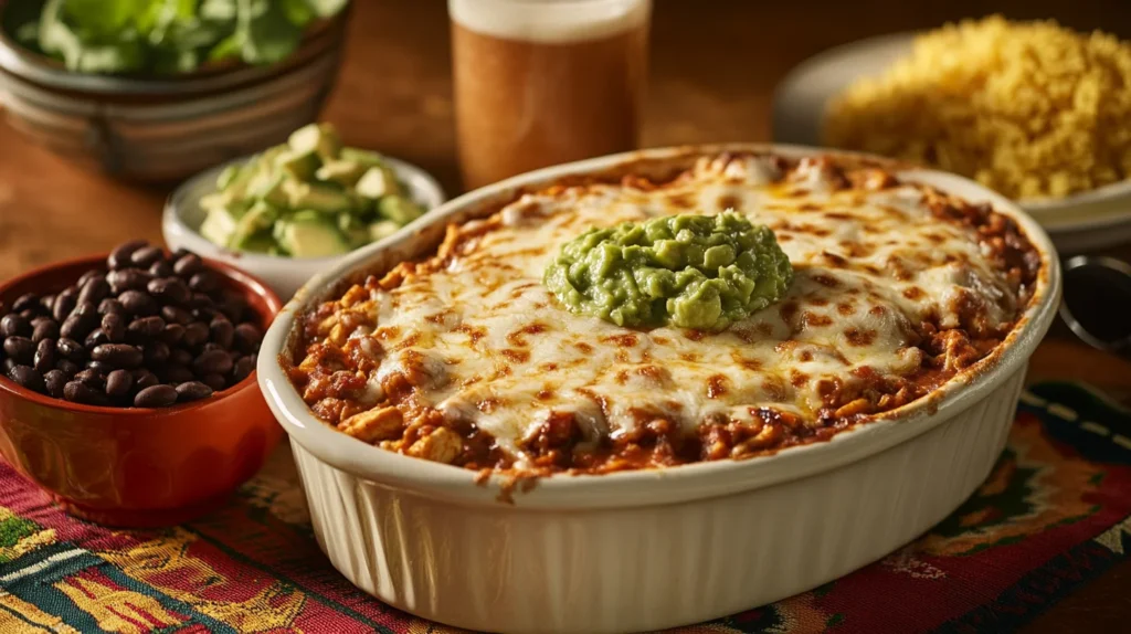 Chicken taco casserole served with sides like rice, guacamole, and beans