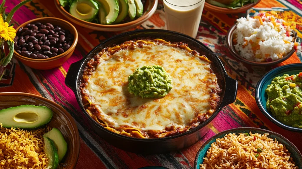 Mexican lasagna served with sides like guacamole, rice, and beans