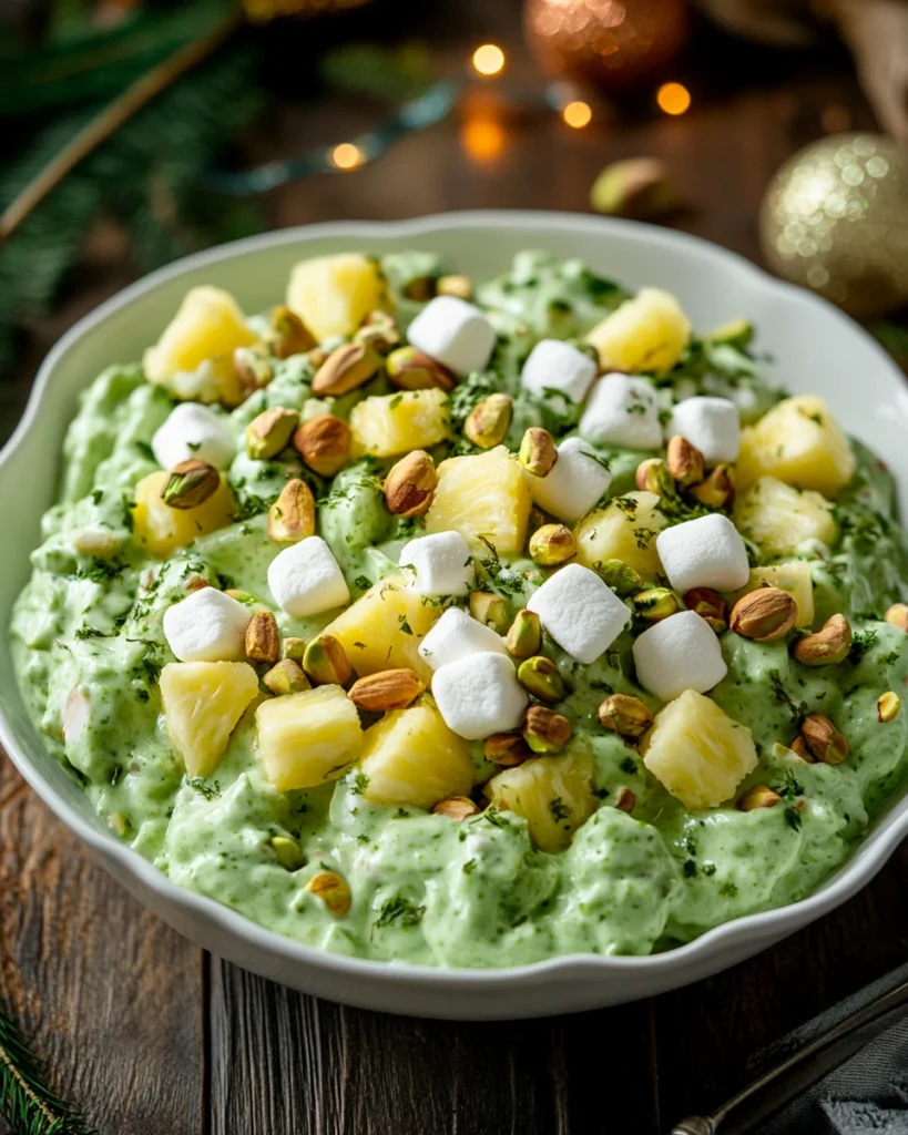 A vibrant bowl of pistachio salad with pineapple and marshmallows