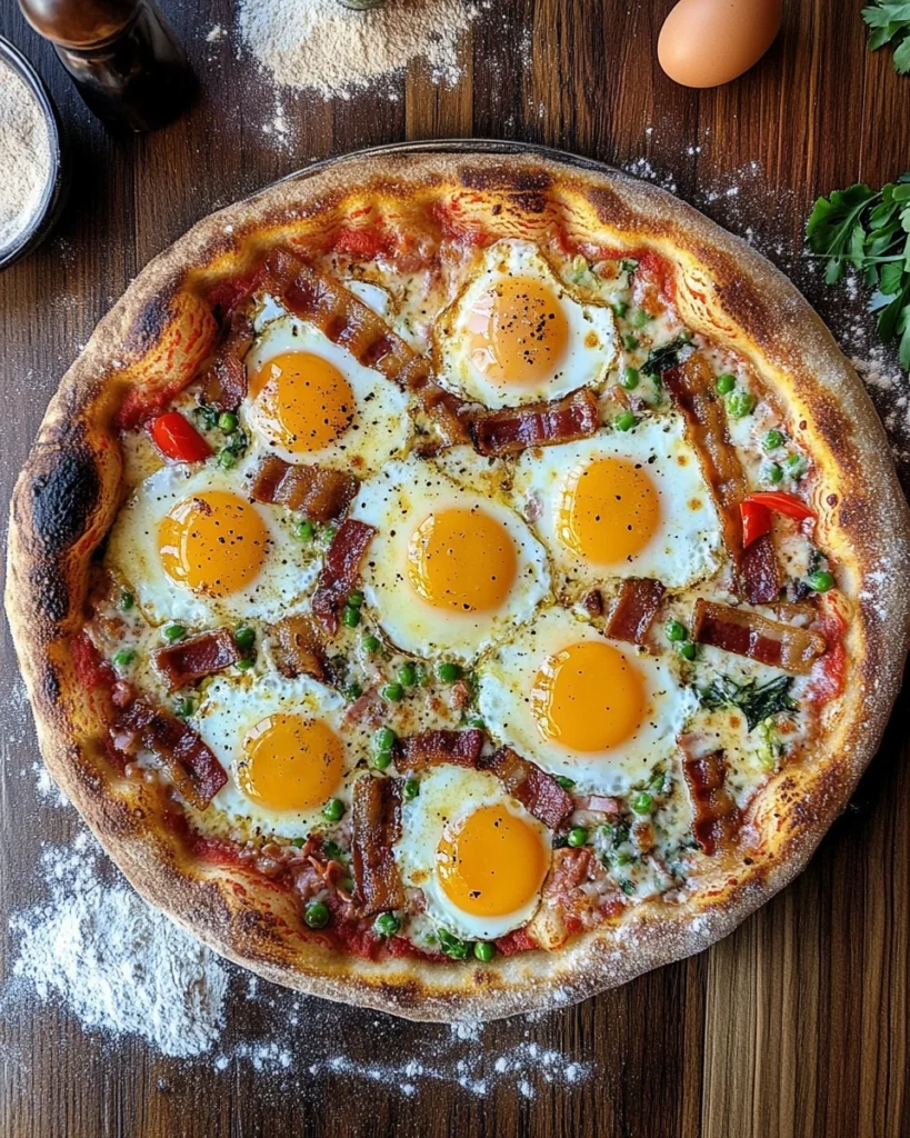 Freshly baked breakfast pizza with eggs, bacon, and vegetables