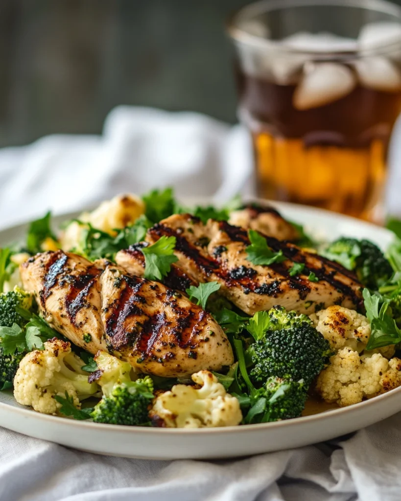 Broccoli cauliflower salad served alongside grilled chicken.