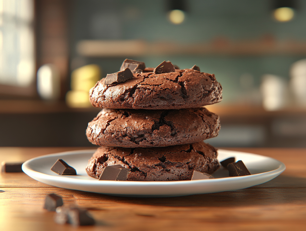 A plate of freshly baked brownie cookies with chocolate chunks.