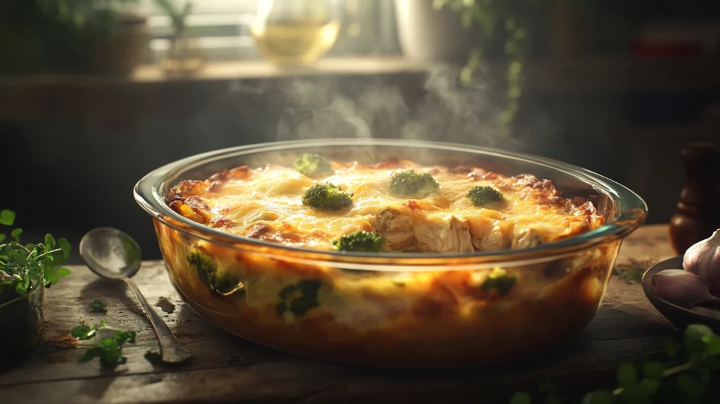 A cheesy chicken and broccoli casserole fresh out of the oven.