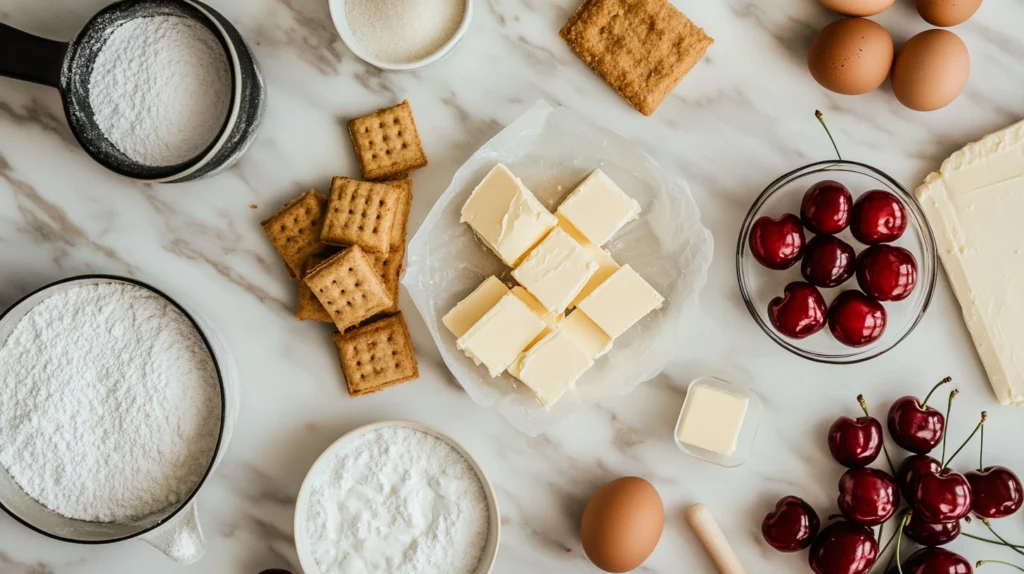 Ingredients for a cherry cheesecake recipe displayed on a kitchen counter