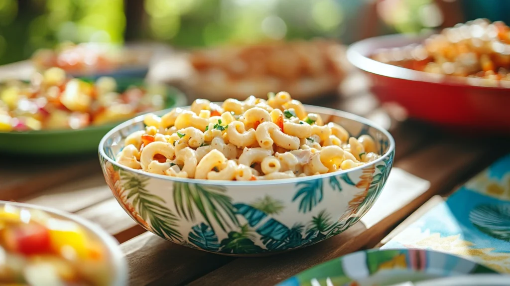 A family enjoying a traditional Hawaiian feast with macaroni salad on the table.