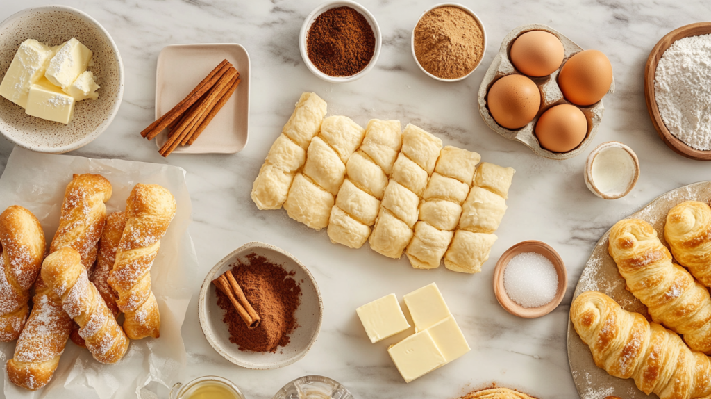 Ingredients for churro cheesecake displayed neatly on a kitchen countertop.