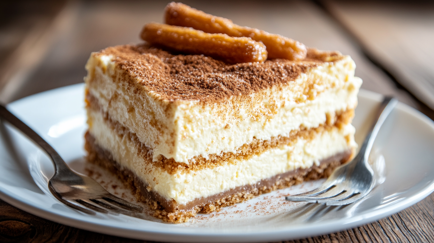 A slice of churro cheesecake on a decorative plate.