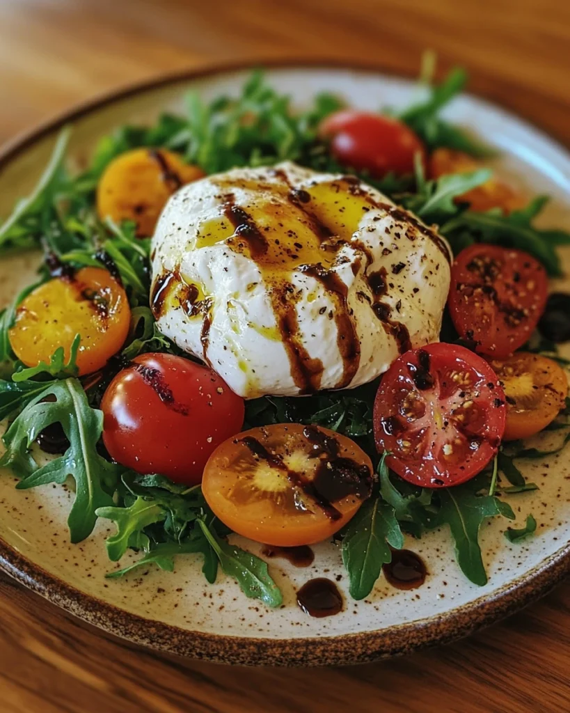 A vibrant burrata salad with tomatoes, greens, and olive oil.