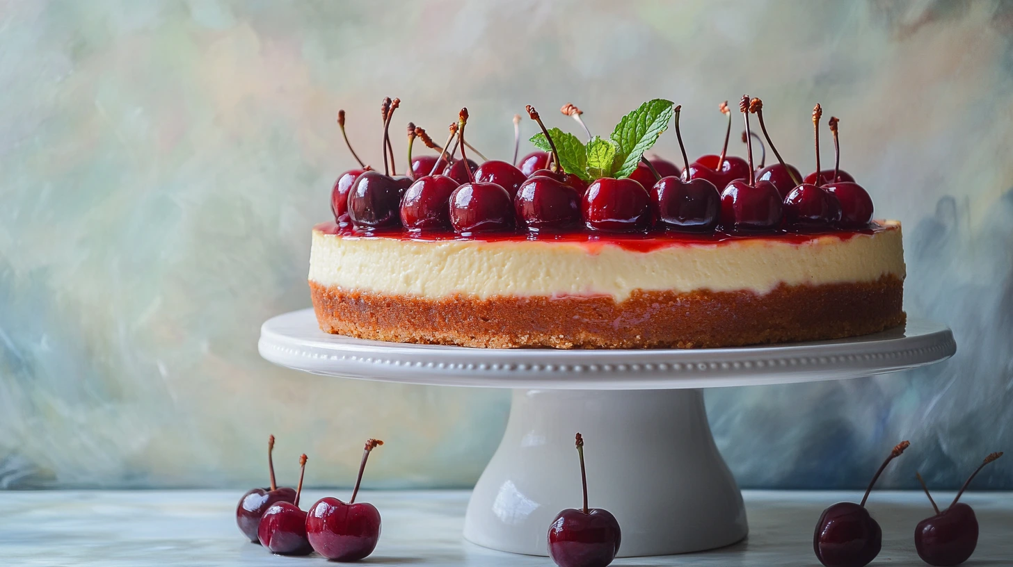 A whole cherry cheesecake with fresh cherries on top